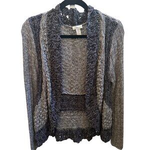 Chico's Women's  Open Knit Circle Cotton Cardigan Sweater Gray Black Sz M (1)